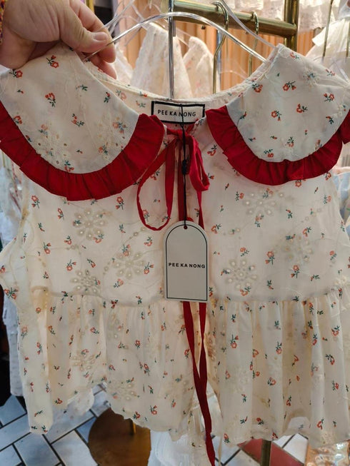 Peter Pan Collar Floral Print Embroidered Detail Tops